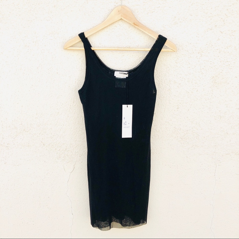 FUZZI Black Basic Mesh Semi Sheer Tank Top M
